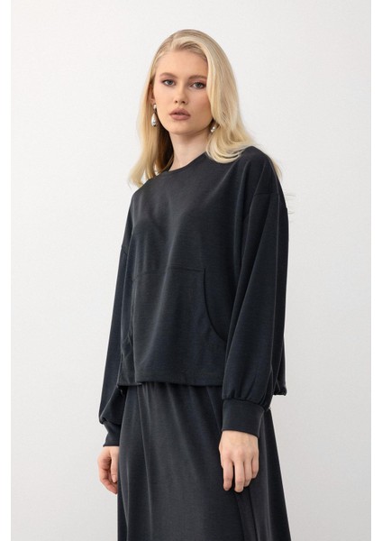 Oversize Premium Kumaş Sweat Etekli Takım Füme 7011-TK