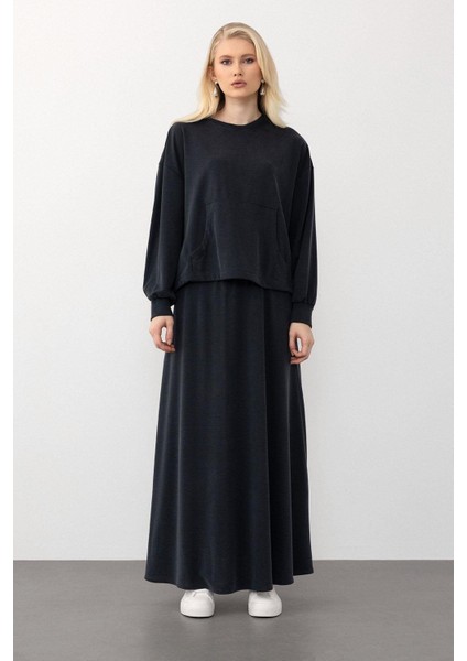 Oversize Premium Kumaş Sweat Etekli Takım Füme 7011-TK