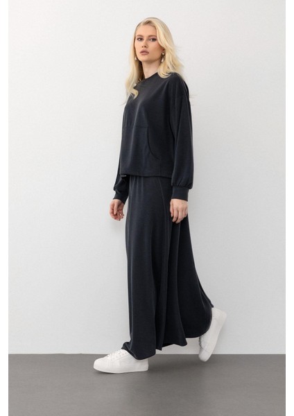 Oversize Premium Kumaş Sweat Etekli Takım Füme 7011-TK