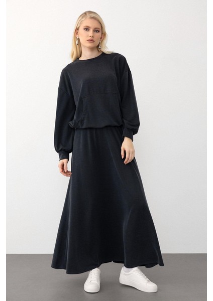 Oversize Premium Kumaş Sweat Etekli Takım Füme 7011-TK