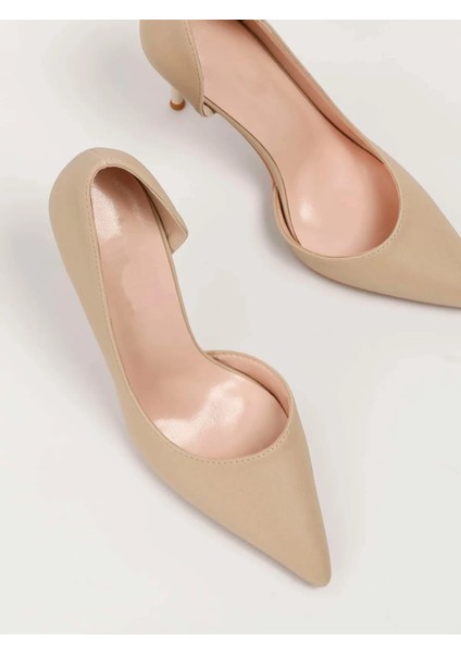 Kadın Nude Ten Süet Asimetrik 9cm Ince Topuklu Yanı Yırtmaçlı Stiletto Klasik Topuklu Ayakkabı fiyatları