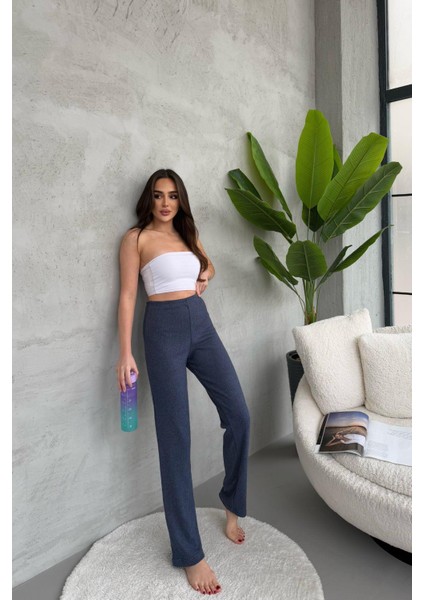 Kadın Indigo Yüksek Bel Fitilli Bol Paça Günlük Ince Eşofman Altı Pijama