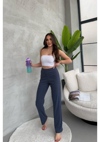 Kadın Indigo Yüksek Bel Fitilli Bol Paça Günlük Ince Eşofman Altı Pijama