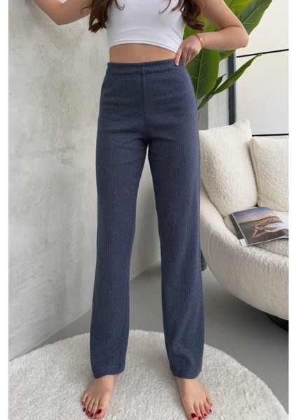 Kadın Indigo Yüksek Bel Fitilli Bol Paça Günlük Ince Eşofman Altı Pijama