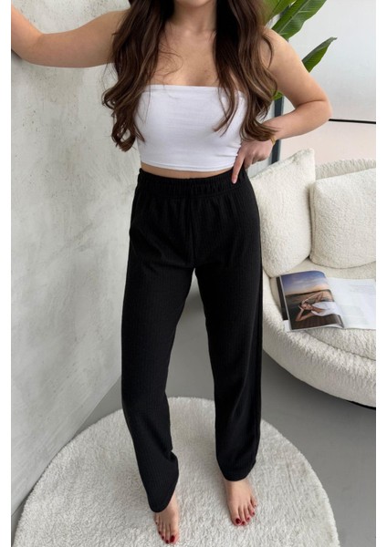 Kadın Siyah Yüksek Bel Fitilli Bol Paça Günlük Ince Eşofman Altı Pijama