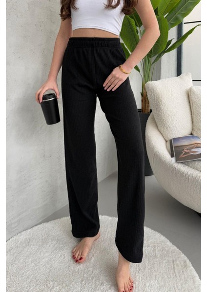 Kadın Siyah Yüksek Bel Fitilli Bol Paça Günlük Ince Eşofman Altı Pijama
