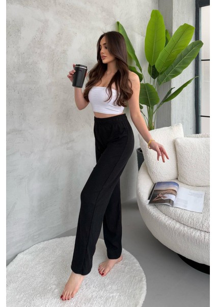 Kadın Siyah Yüksek Bel Fitilli Bol Paça Günlük Ince Eşofman Altı Pijama