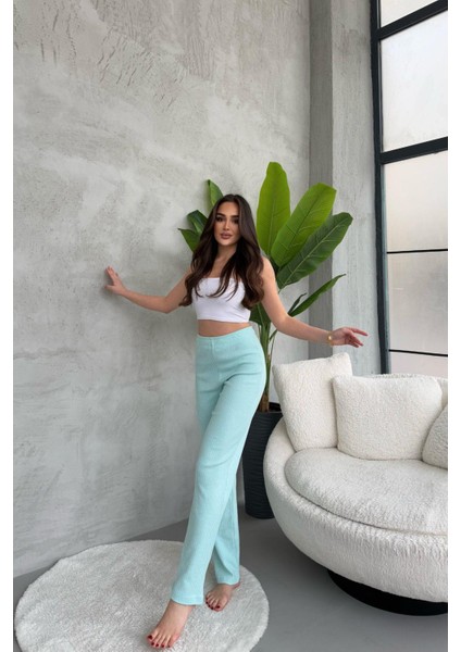 Kadın Su Yeşili Yüksek Bel Fitilli Bol Paça Günlük Ince Eşofman Altı Pijama