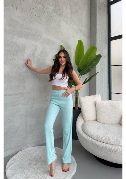 Kadın Su Yeşili Yüksek Bel Fitilli Bol Paça Günlük Ince Eşofman Altı Pijama