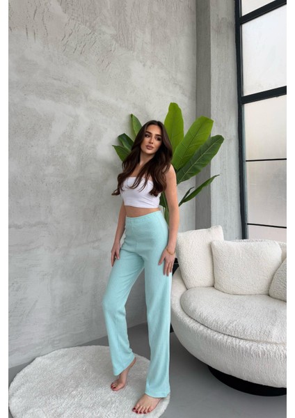 Kadın Su Yeşili Yüksek Bel Fitilli Bol Paça Günlük Ince Eşofman Altı Pijama