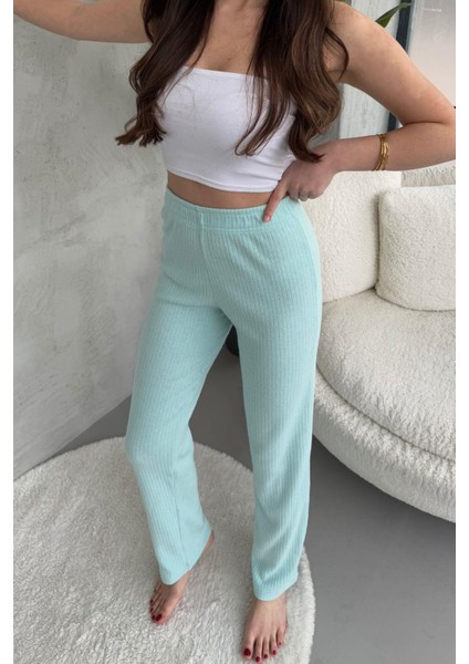 Kadın Su Yeşili Yüksek Bel Fitilli Bol Paça Günlük Ince Eşofman Altı Pijama