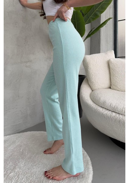Kadın Su Yeşili Yüksek Bel Fitilli Bol Paça Günlük Ince Eşofman Altı Pijama