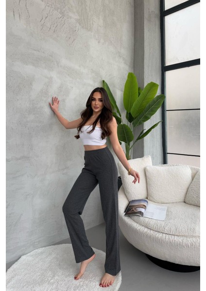 Kadın Füme Yüksek Bel Fitilli Bol Paça Günlük Ince Eşofman Altı Pijama