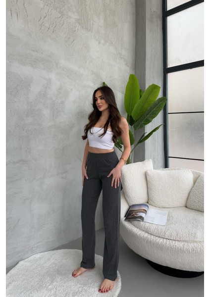 Kadın Füme Yüksek Bel Fitilli Bol Paça Günlük Ince Eşofman Altı Pijama