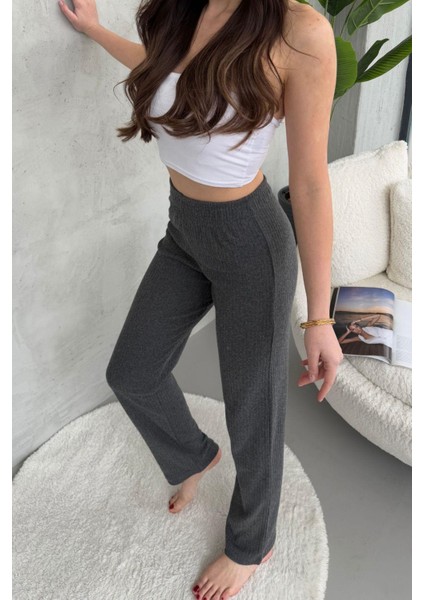 Kadın Füme Yüksek Bel Fitilli Bol Paça Günlük Ince Eşofman Altı Pijama