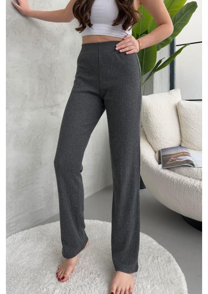 Kadın Füme Yüksek Bel Fitilli Bol Paça Günlük Ince Eşofman Altı Pijama
