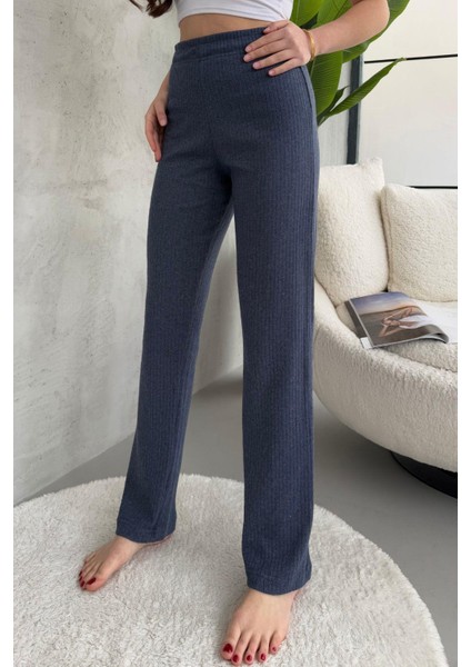 Kadın Indigo Yüksek Bel Fitilli Bol Paça Günlük Ince Eşofman Altı Pijama