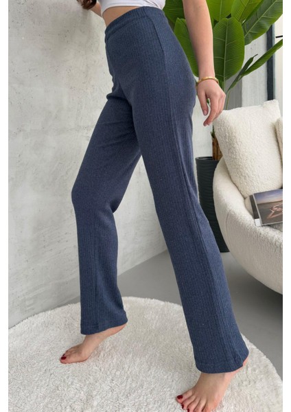 Kadın Indigo Yüksek Bel Fitilli Bol Paça Günlük Ince Eşofman Altı Pijama
