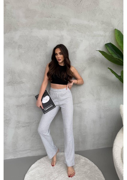 Kadın Gri Yüksek Bel Fitilli Bol Paça Günlük Ince Eşofman Altı Pijama