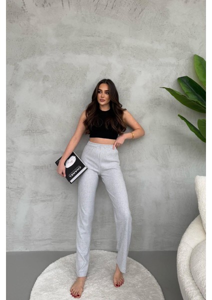 Kadın Gri Yüksek Bel Fitilli Bol Paça Günlük Ince Eşofman Altı Pijama