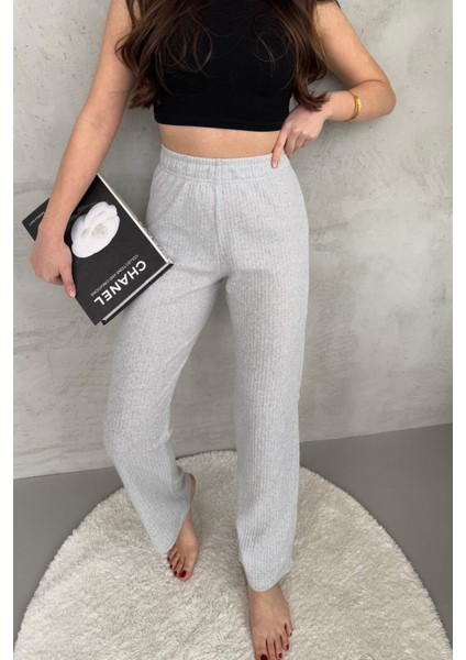 Kadın Gri Yüksek Bel Fitilli Bol Paça Günlük Ince Eşofman Altı Pijama