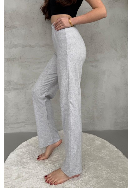 Kadın Gri Yüksek Bel Fitilli Bol Paça Günlük Ince Eşofman Altı Pijama