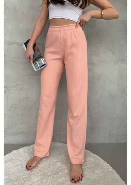 Kadın Yavruağzı Yüksek Bel Fitilli Bol Paça Günlük Ince Eşofman Altı Pijama