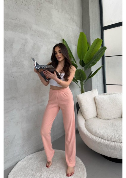 Kadın Yavruağzı Yüksek Bel Fitilli Bol Paça Günlük Ince Eşofman Altı Pijama
