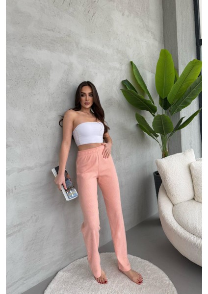 Kadın Yavruağzı Yüksek Bel Fitilli Bol Paça Günlük Ince Eşofman Altı Pijama