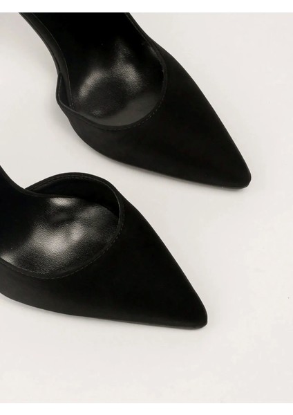 Kadın Siyah Asimetrik Ince Topuklu Süet 9cm Topuklu Yanı Yırtmaçlı Stiletto Klasik Topuklu Ayakkabı