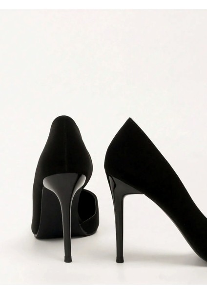 Kadın Siyah Asimetrik Ince Topuklu Süet 9cm Topuklu Yanı Yırtmaçlı Stiletto Klasik Topuklu Ayakkabı