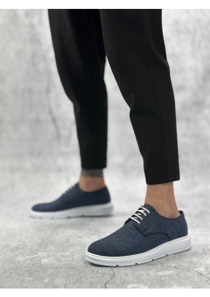 BA0003 Bağcıklı Klasik Spor Keten Lacivert Beyaz Taban Casual Erkek Ayakkabı