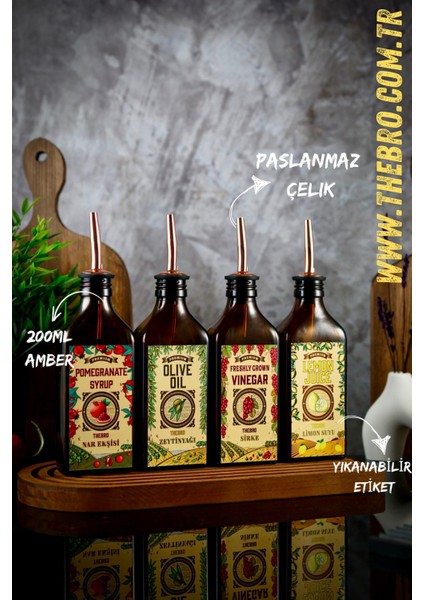 200ML Amber Renkli Carmen Serisi Zeytinyağı,Sirke,Limon Suyu, Nar Ekşisi Şişesi 4'lü Set