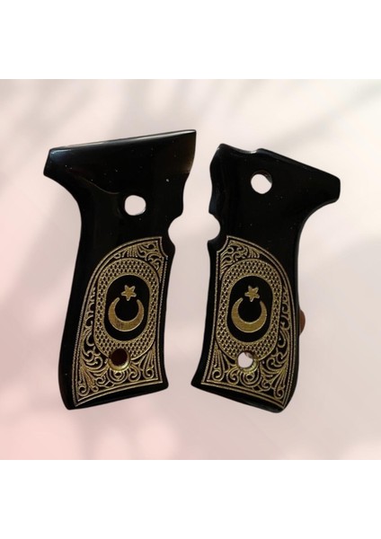 Yavuz 16 - Beretta F92 Ay Yıldız Altın Yaldız Işlemeli Siyah Sedef Kabze