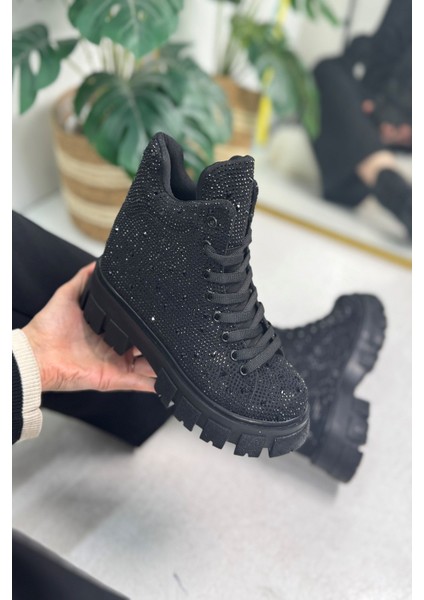 Günlük Taşlı Kadın Bot Bağcıklı Oval Burun Rahat Hafif Yüksek Topuk Tırtıklı Kalın Taban Bootie 441