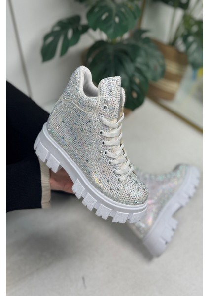 Günlük Taşlı Kadın Bot Bağcıklı Oval Burun Rahat Hafif Yüksek Topuk Tırtıklı Kalın Taban Bootie 441