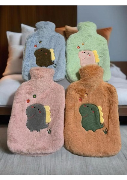 Peluş Kılıflı Dinazor Emojili Sıcak Su Torbası 2 lt Cepli El Geçmeli Sıcak Su Torbası