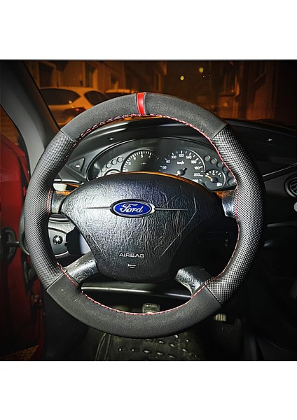 Dikişli Direksiyon Kılıfı Nubuk / Noktalı Deri Kırmızı Yüzük Kırmızı Dikiş Ford Focus 1 Için