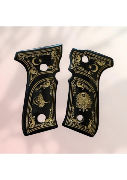 Yavuz 16 - Beretta F92 Osmanlı Tuğrası Işlemeli Altın Yaldız Siyah Sedef Kabze