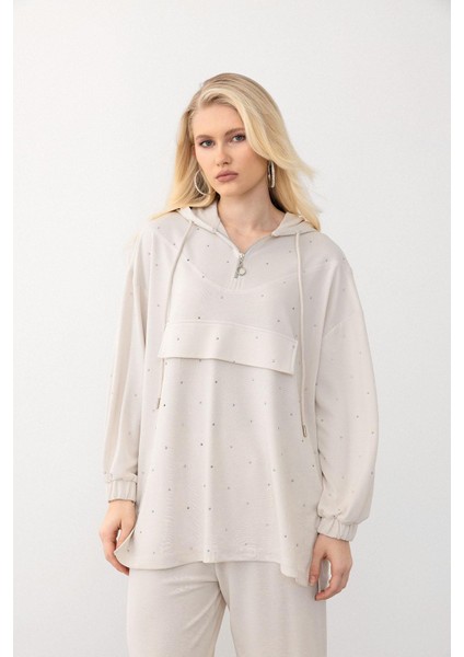 Kapüşonlu Taş Bezeli Premium Kumaş Sweat Pantolon Takım Krem 7984-TK