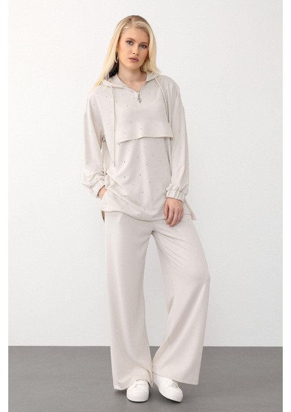 Kapüşonlu Taş Bezeli Premium Kumaş Sweat Pantolon Takım Krem 7984-TK
