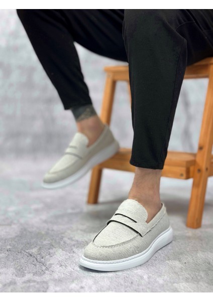BA0355 Bağcıksız Keten Beyaz Klasik Corcik Erkek Ayakkabı