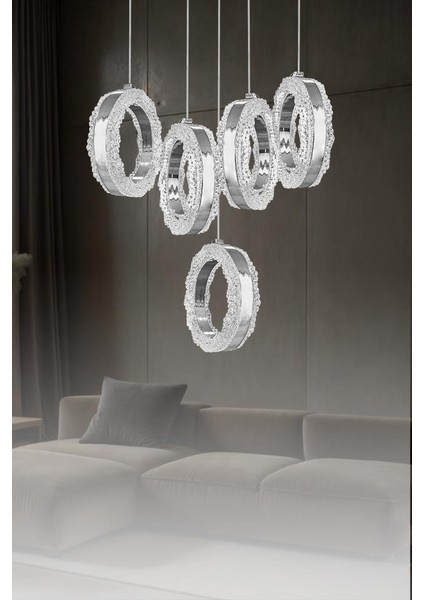 1105-4+1 5li Krom Sarkıt LED Avize(Beyaz Işık -Sarı Işık - Gün Işığı)