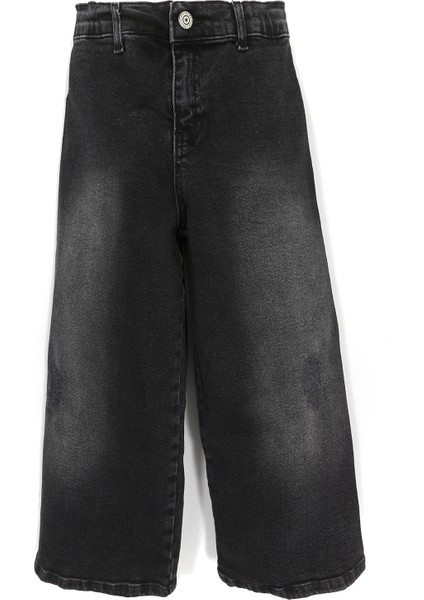 Wide Leg Kısa Paça Cep Detaylı Kız Çocuk Jean Pantolon Siyah 001-0002006