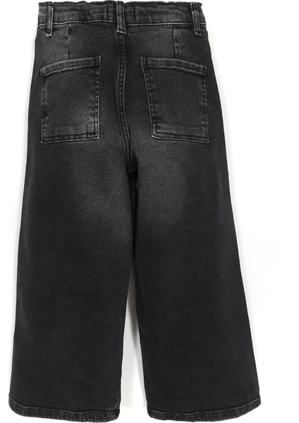 Wide Leg Kısa Paça Cep Detaylı Kız Çocuk Jean Pantolon Siyah 001-0002006