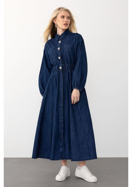 Taş Aksesuarlı Beli Lastikli Kloş Denim Elbise Koyu Mavi 9275-E fırsatları