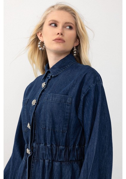 Taş Aksesuarlı Beli Lastikli Kloş Denim Elbise Koyu Mavi 9275-E indirimleri