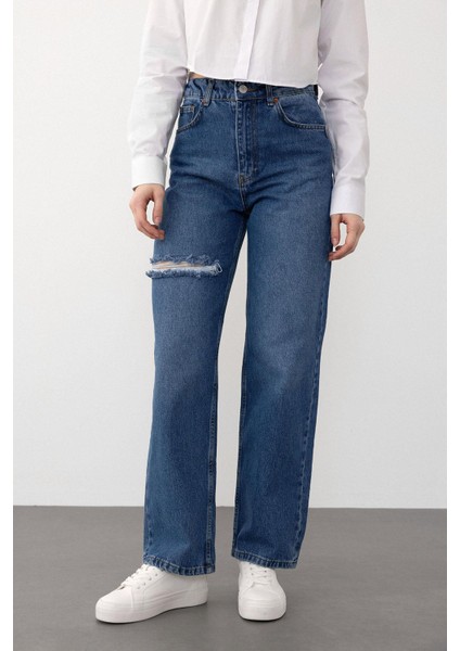 Yüksek Bel Geniş Paça Yırtık Jean Pantolon Mavi 7575