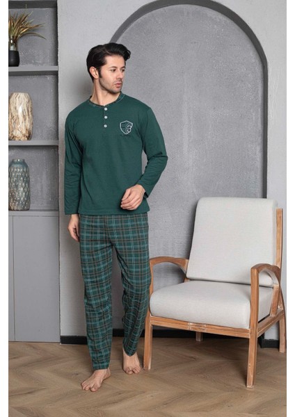 Erkek Penye Yeşil Uzun Kollu Altı Ekoseli Pijama Takımı
