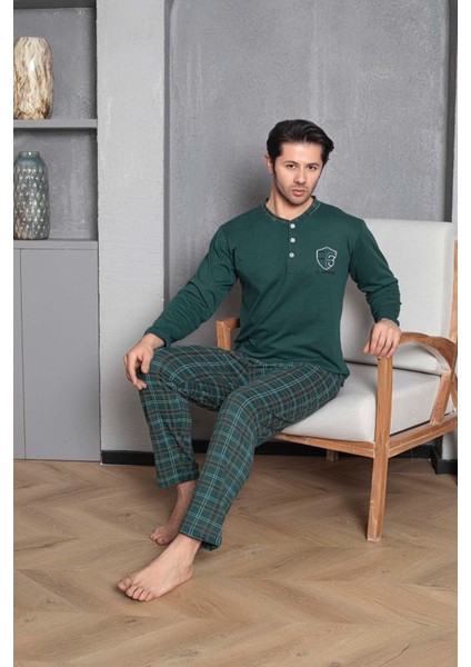 Erkek Penye Yeşil Uzun Kollu Altı Ekoseli Pijama Takımı
